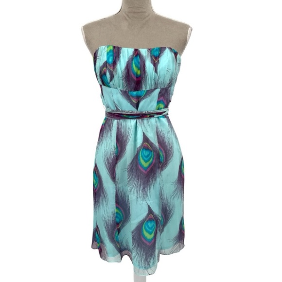 Nanette Lepore Peacock Print Shirred Strapless Silk Dress - Light Blue - Size 4 - Picture 2 of 7